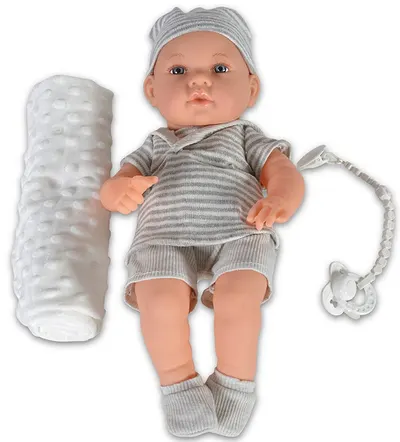 Papusa bebe Moni - Cu hainute gri in dungi si paturica, 41 cm