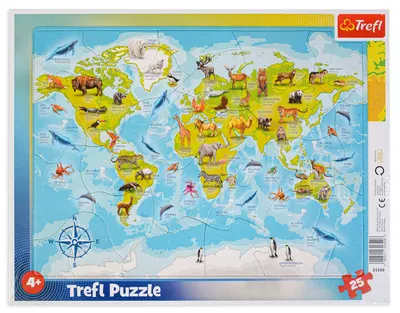 Puzzle pentru copii Trefl din 25 de piese - Harta lumii cu animale
