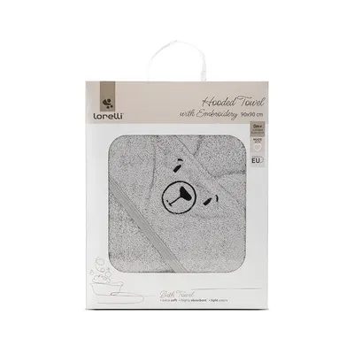 Prosop de baie cu gluga si broderie 90 x 90 cm din bumbac 0 luni+ Soft Grey