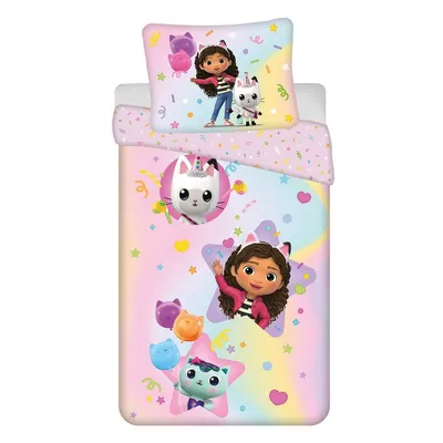 Lenjerie de pat pentru copii roz din bumbac pentru pat de o persoană 140x200 cm Gabby's Dollhouse "Rainbow" – Jerry Fabrics