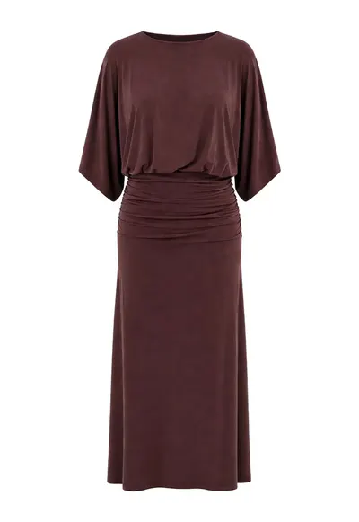 Rochie midi - rosu - jerseu elastic - fara inchidere - drapaj