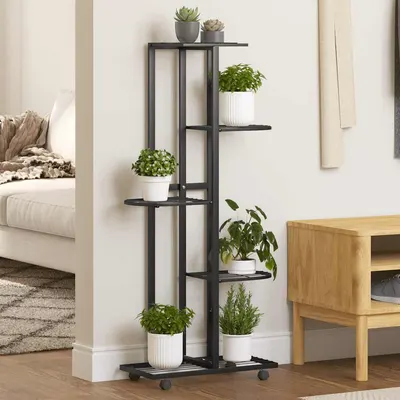 vidaXL Suport de flori cu 5 etaje, cu roți, negru, 44x23x100 cm, fier