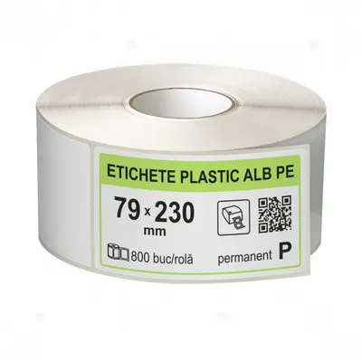 Rola etichete autoadezive plastic, PE alb, 79x230 mm, adeziv permanent, 800 etichete rola