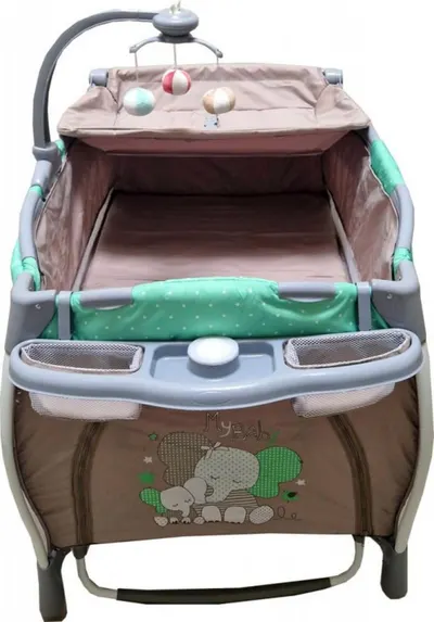 Patut pentru copii Baby Care PRO FRW Maro Verde Pliabil, cu Balansoar, 2 Nivele de inaltime, Melodii, Masa infasat, Carusel cu jucarii din plus, Plasa insecte