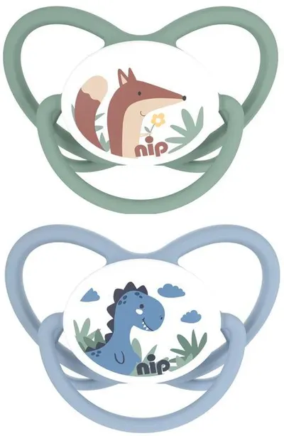Suzete din silicon NIP - Butterfly, Dinosaur și vulpe, 0-6 luni, 2 bucăți