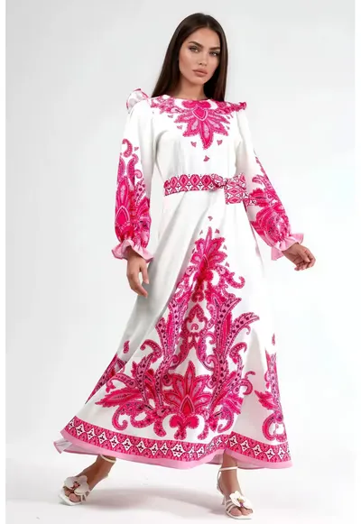 Rochie Maxi - cu maneca lunga - poliester si lycra - alb/roz