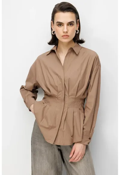 Camasi dama - camasa poplin mulata - maneca lunga - maro mocha - bumbac