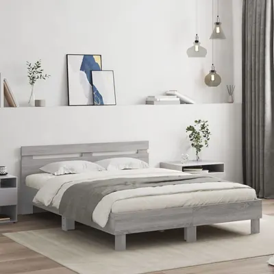 vidaXL Cadru de pat cu tăblie și LED, gri sonoma, 150x200 cm