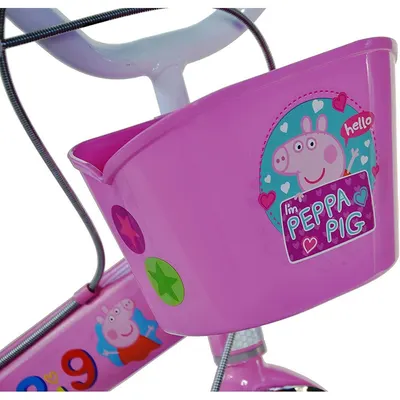 Bicicleta copii Dino Bikes Peppa Pig 14 inch, varsta 4-7 ani, inaltimea 95-115 cm, frana de mana pe roata din fataspate, cosulet fata si scaun pentru papusa in spate, pinion spate fix, roti ajutatoare detasabile