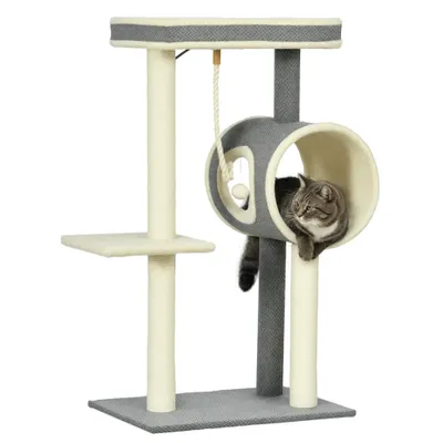 PawHut Copac zgâriat Katzenbaum, 1 cuib pentru pisici, 2 zone de odihnă, 60 cm x 40 cm x 104 cm, Gri + Natural | Aosom Romania