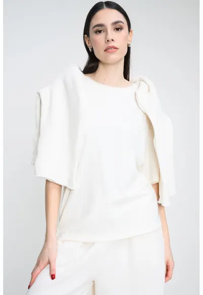 Tricou lejer din bumbac cu model uni - Alb fildes