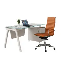 Set Prime & Prestige - Birou cu blat de sticla si Scaun de birou ergonomic, reglabil din piele ecologică