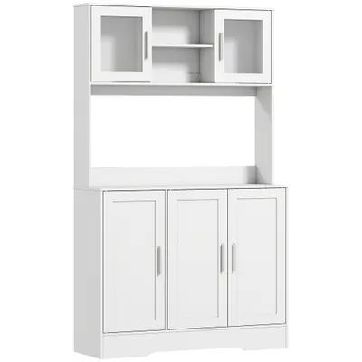 HOMCOM Dulap Bucătărie de 180cm, Dulap Înalt cu 4 Compartimente, Uși din Sticlă Securizată, 2 Rafturi Deschise, Rafturi Reglabile, Blat pentru Electrocasnice, pentru Bucătărie sau Living, Alb | Aosom Romania
