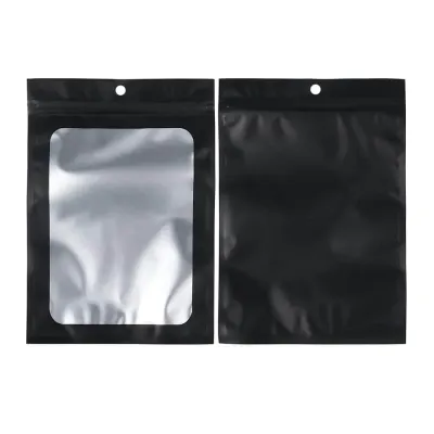 Pungi aluminiu cu fereastră și agățătoare - negru (set 100 buc) - 9x16cm