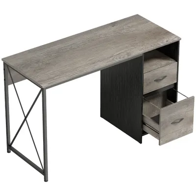 HOMCOM Masă pentru calculator 120x50 cm Birou industrial cu compartiment și 2 sertare pentru birou Gri deschis | Aosom Romania