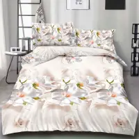 Lenjerie pat dublu cu ELASTIC microfibra imprimeu 3D - 3 Bucati 219 Lei - Crem magnolii