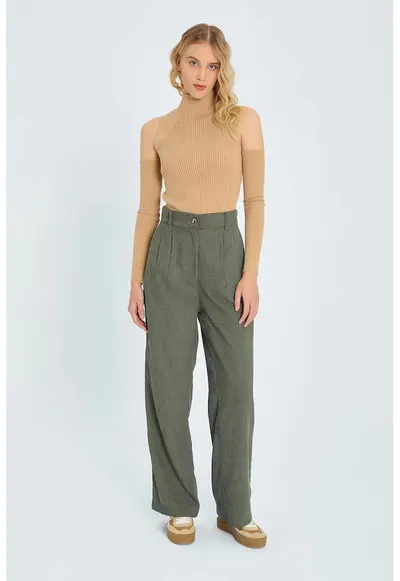 Pantaloni dama - catifea - talie inalta - croiala dreapta - catifea - verde kaki