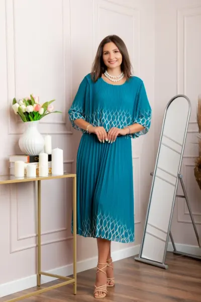 Rochie eleganta plisata Aimee din voal turcoaz
