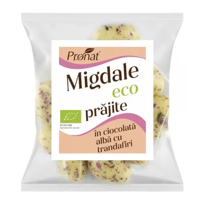 Migdale Bio Prajite, Glazurate in Ciocolata Alba cu Trandafiri, 50 g