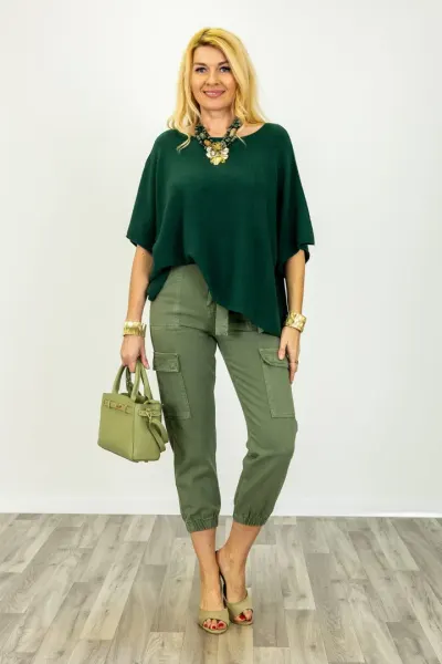 Pulover versatil cu maneca fluture din vascoza, verde inchis