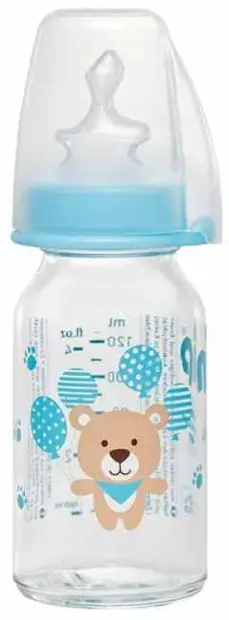 Biberon de sticlă pentru copii NIP - Flow S, 0-6 m, 125 ml, băiat