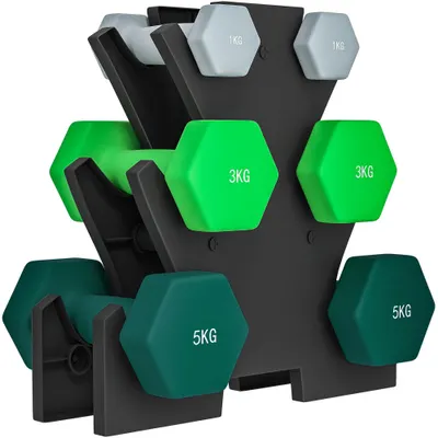Kit de greutate hexagonală SPORTNOW 18 kg totală cu suport inclus, multicolor