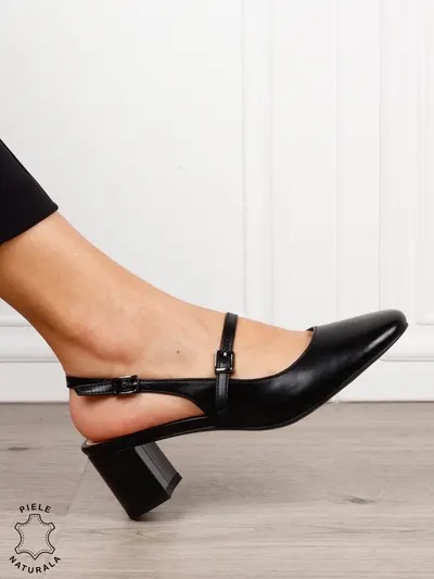 Pantofi dama eleganti cu toc gros si inchidere dubla CRL1608 Negru