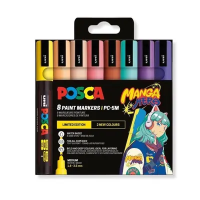 Set 8 markere cu vopsea Posca PC-5M varf rotund 1.8-2.5mm, editie Manga Hero