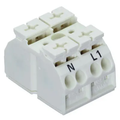 4-conductor chassis-mount terminal strip; 2-pole; N-L1; without ground contact; for self-tapping screw 2.9 mm Ø from bellow; with 2x pin; 4 mm²; 4,00 mm²; white