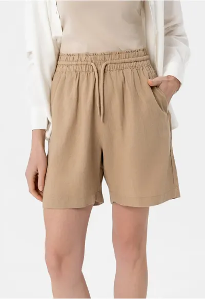 Pantaloni scurti dama din amestec de in si viscoza - talie elastica cu snur - buzunare frontale - Relaxed Fit - P-Media - bej - Bej