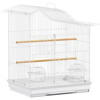 PawHut Colivie pentru Păsări cu 4 Uși, 2 Boluri, 2 Stinghii și Tavă Detașabilă, Volieră din Metal și Plastic, 47,5x36x54,5 cm, Alb | Aosom Romania