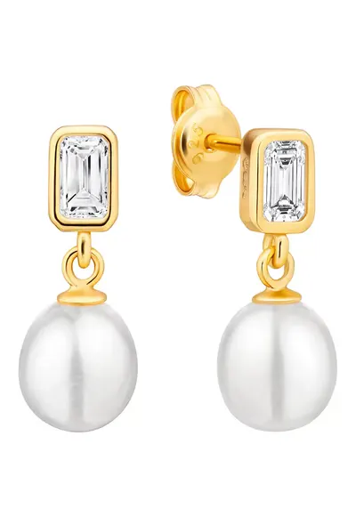 Cercei argint drops cu perle naturale si zirconia - Pure Grace - Auriu