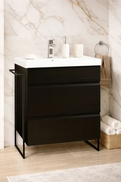 Set Baza front MDF si Lavoar seria 786, cadru metalic, cu sertare, montata, 60 cm, negru