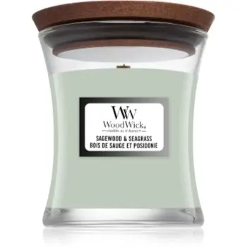 Woodwick Sagewood & Seagrass lumânare parfumată cu fitil din lemn