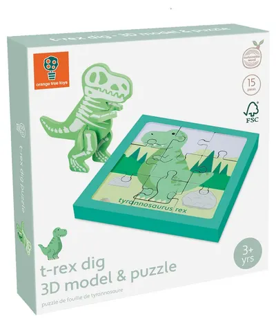 Puzzle din lemn Orange Tree Toys 2 în 1 - Excavarea T-Rex