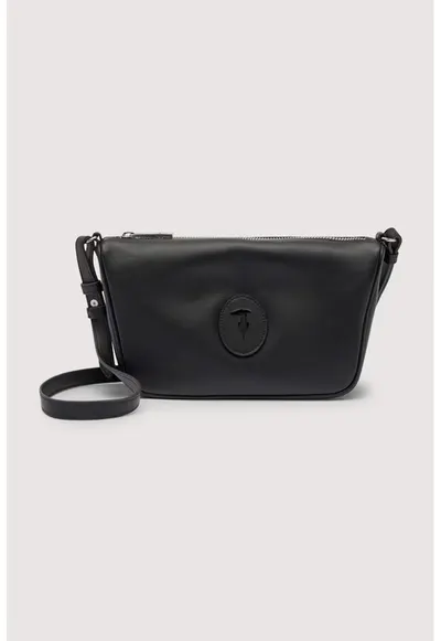 Geanta crossbody din piele cu aplicatie monograma - Negru