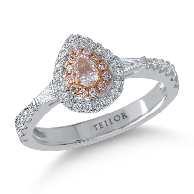 Inel din aur alb-roz cu diamante transparente baguette si rotunde de 0.5ct si diamante roz pear si rotunde de 0.25ct