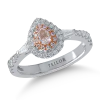Inel din aur alb-roz cu diamante transparente baguette si rotunde de 0.5ct si diamante roz pear si rotunde de 0.25ct