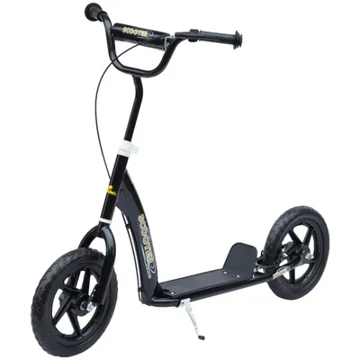 HOMCOM, trotinetă copii, pneuri 30 cm, ghidon reglabil, frână, suport lateral, oțel, pentru copii 5+ ani, negru | Aosom Romania