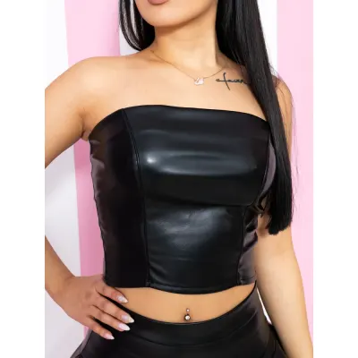 Corset cu fermoar la spate din piele ecologica neagra