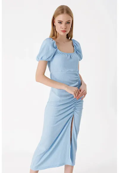 Rochie midi tricotata dama HiCCUP - decolteu patrat - poliester/lycra - albastru