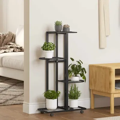 vidaXL Suport de flori cu 4 etaje, cu roți, negru, 44x23x80 cm, fier