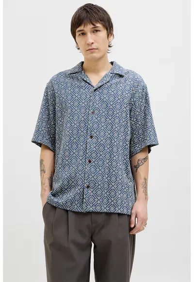 Camasa relaxed fit cu maneci scurte - Albastru inchis/Bej deschis