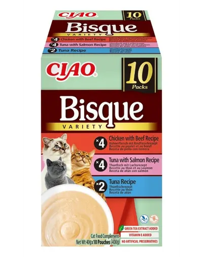 INABA Cat Ciao Bisque Variety 10x40g mix de supe cremă cu ton, vită și pui pentru pisici