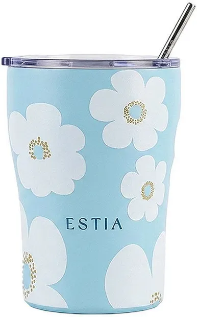 Cană termică cu pai Estia Save the Aegean - Blue Daisy, 350 ml