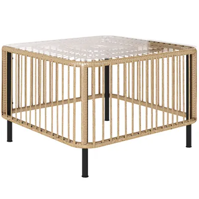Outsunny Masă de grădină din Polyrattan, 65 x 65 x 43 cm, masă laterală rezistentă la intemperii, pătrată, cu blat din sticlă, lemn natural | Aosom Romania