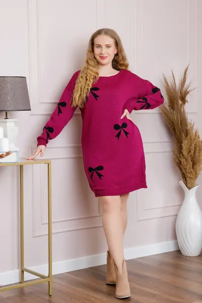 Pulover Bonnie magenta tip rochie cu fundite