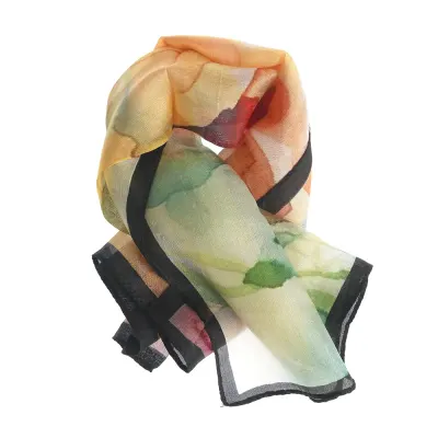 Esarfa din matase cu imprimeu abstract multicolor si bordura neagra 50 x 50 cm