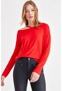 Bluza cu decolteu pe un umar si decupaj - Rosu vermillion