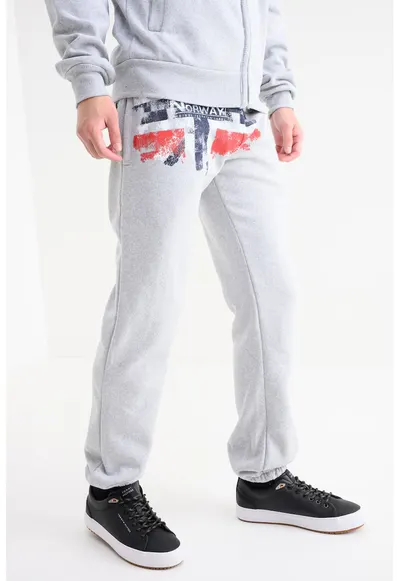 Pantaloni de trening cu logo Mapote - Gri melange/Rosu vermillion